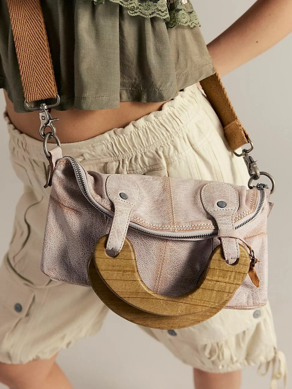 Free People We The Free Mini Willow Leather Tote Fog Wood Handle Crossbody - Picture 3 of 8
